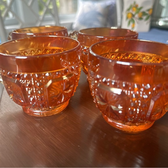 4 Vintage Carnival Glass Cup Iridescent MarigoldStar Pattern